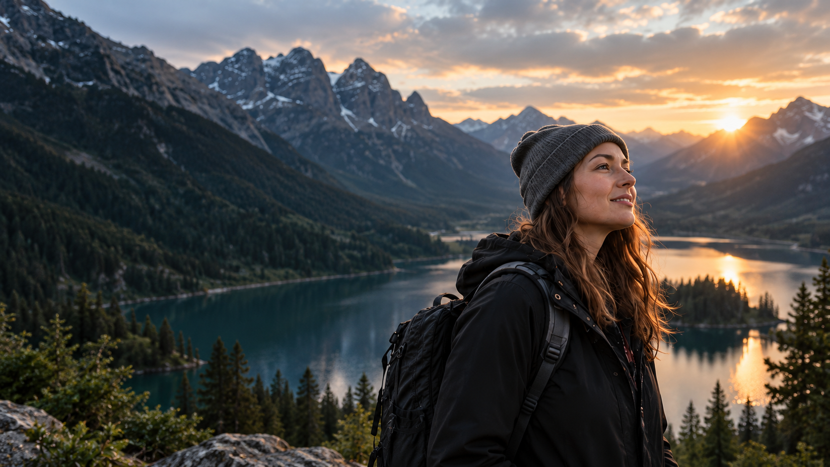 Creator exploring a mountain lake at sunset